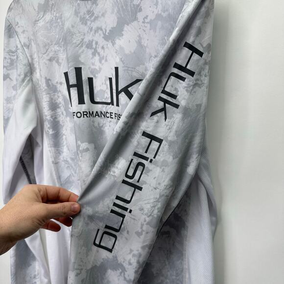 Huk Performace Fabrics Gray and White Camo Long Sleeve Fishing Shirt Mens Small - Picture 5 of 12